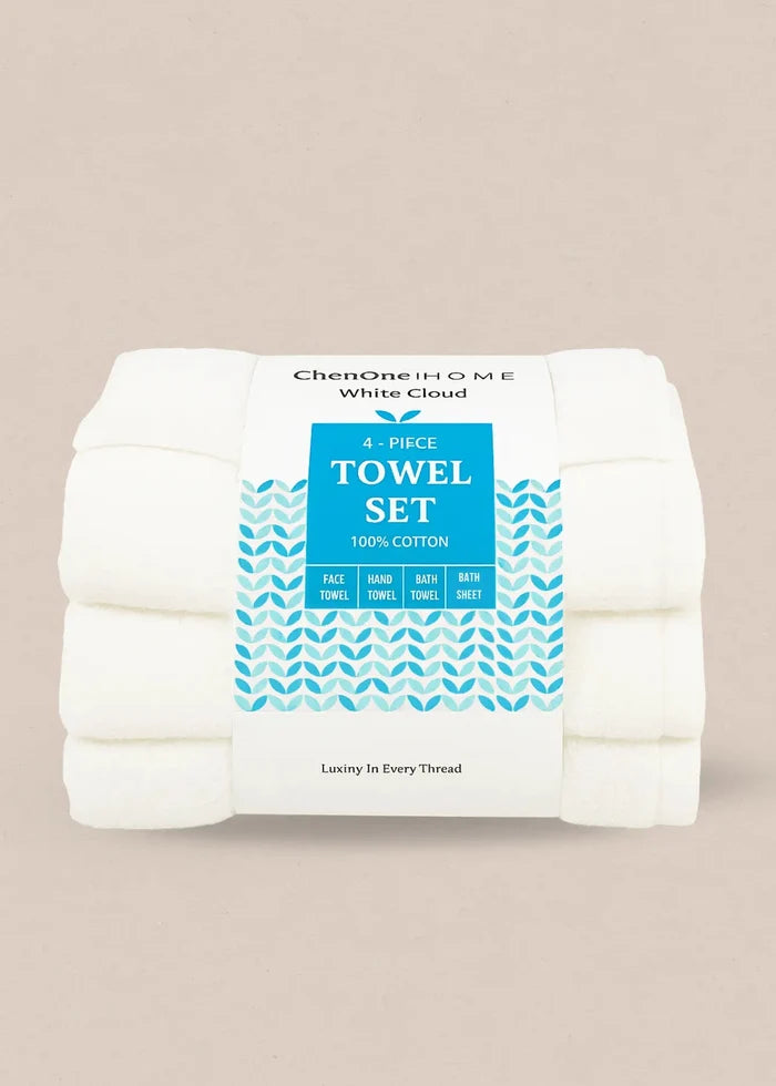 4-piece towel set of folded white towels, stacked together in retail packaging