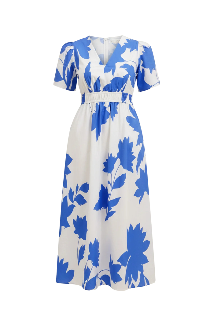 Aspiga Elsa Printed Cotton Midi Dress Ivory Cobalt with blue floral print and short sleeves by aspiga Shop aspiga at Dotique