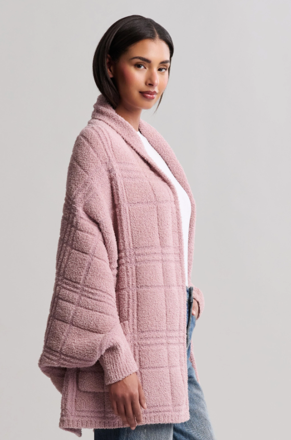 Barefoot Dreams CozyChic Tonal Plaid Teaberry Blanket Wrap Outerwear in at Wrapsody