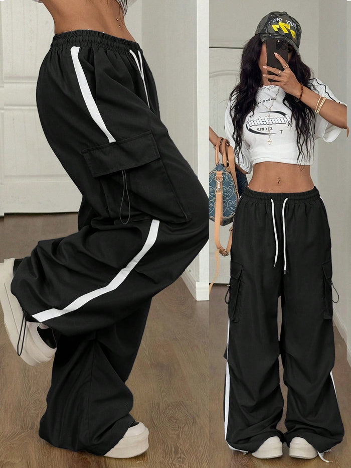 BASIC FLAP POCKET SIDE DRAWSTRING WAIST CARGO PANTS