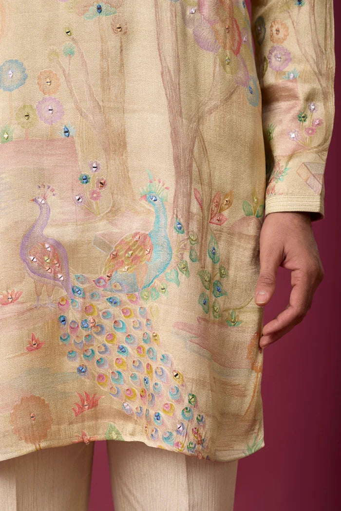 Champagne Beige Peacock Heritage Kurta Set for Men – Full Length View | Mahavir NX