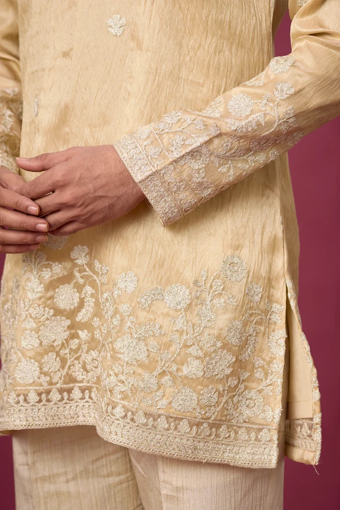 Champagne Gold Floral Border Kurta Set for Men – Full Length View | Mahavir NX