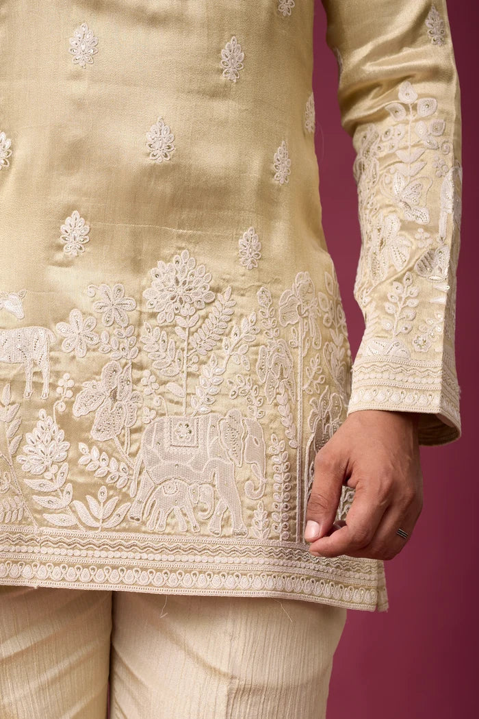 Champagne Ivory Heritage Floral Kurta Set for Men – Full Length View | Mahavir NX
