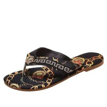 Black women's printed flip flops UK: floral, red chain, black chain – non-slip flat summer sandals FTF Market