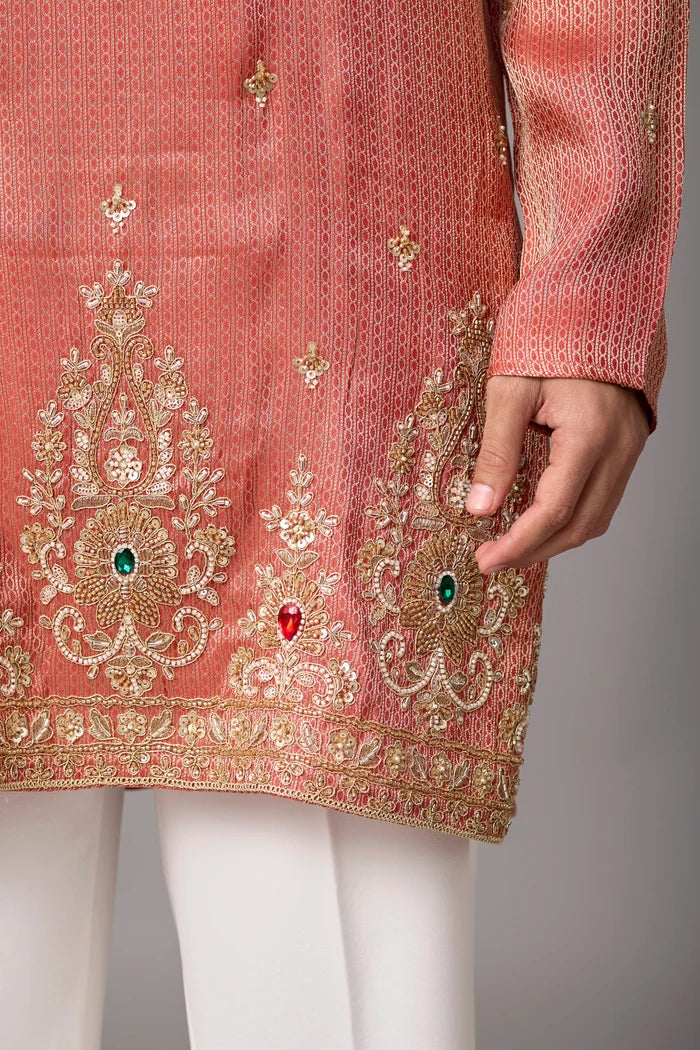 Coral Peach Regal Kurta Set for Men – Full Length View | Mahavir NX