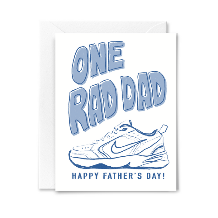 Father's Day card with 'One Rad Dad' text and a Nike shoe illustration on a white background.