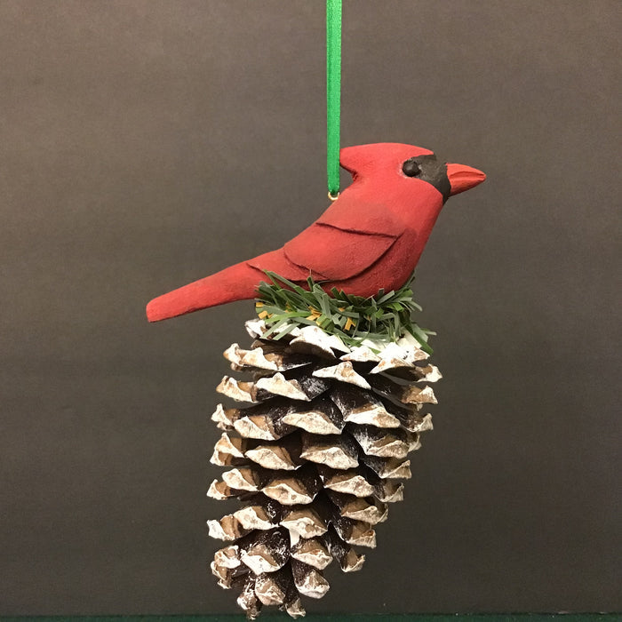 Hand Carved Painted Cardinal on Pinecone