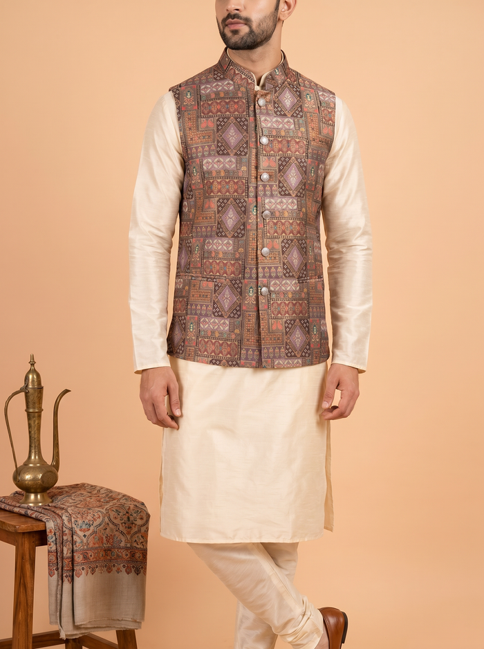 Heritage Mosaic Printed Wedding Koti for Men | Mahavir NX