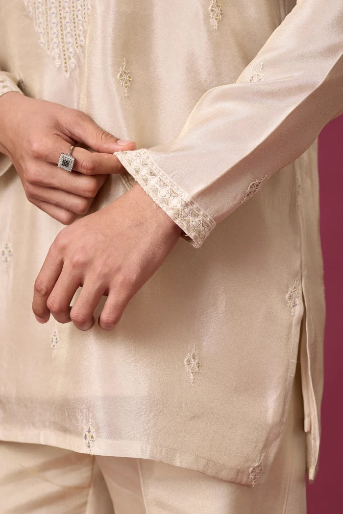 Ivory Pearl Heritage Embroidered Kurta Set for Men – Full Length View | Mahavir NX