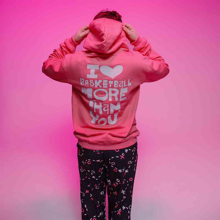 Rear view of the Youth Overtime Heart Play Hoodie.