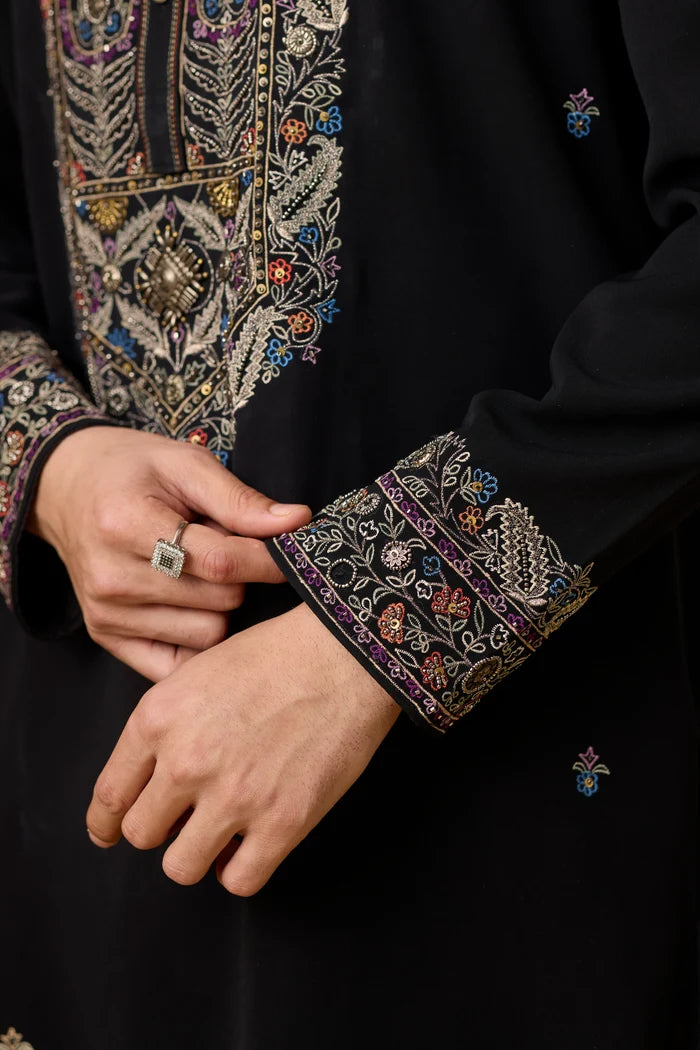 Luxury Black Embroidered Kurta Set for Men – Full Length View | Mahavir NX