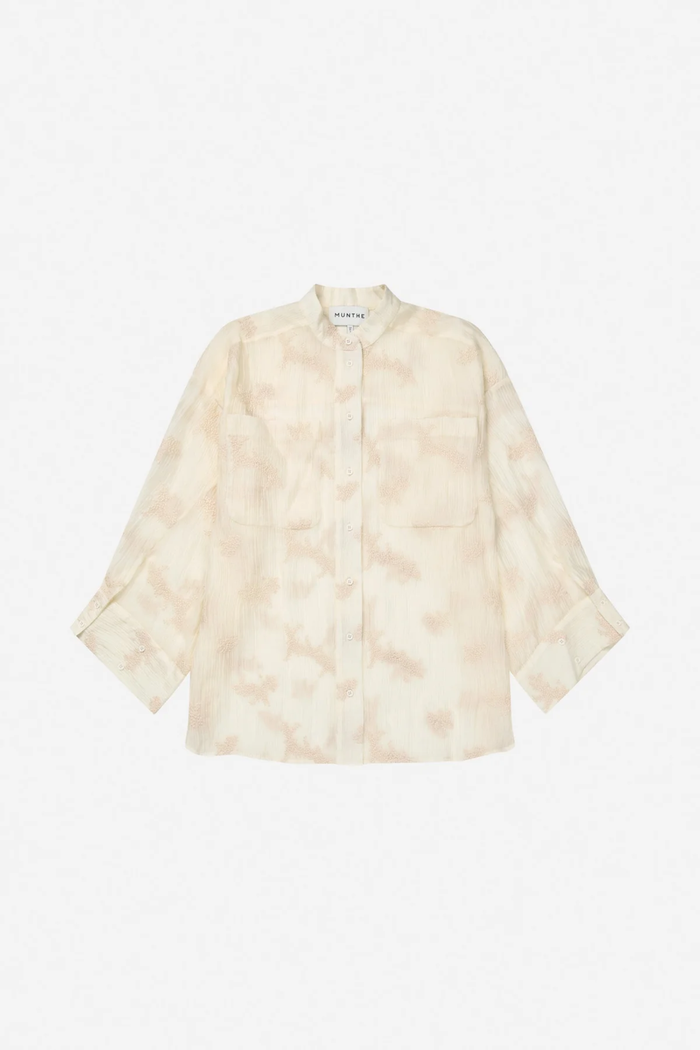 Munthe MUNTHE Fortunato Top Crème with subtle floral pattern, button-down front and chest pockets, shop Munthe at Dotique.