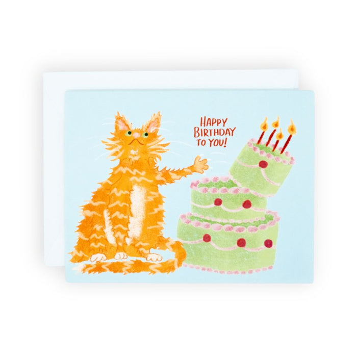 Birthday card with orange tabby cat waving beside a green three-tier cake with lit candles