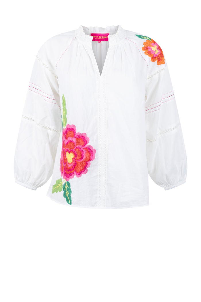 Place Du Soleil White Blouse With Large Embroidered Flower S26-339 by Place du Soleil, shop Place du Soleil at Dotique