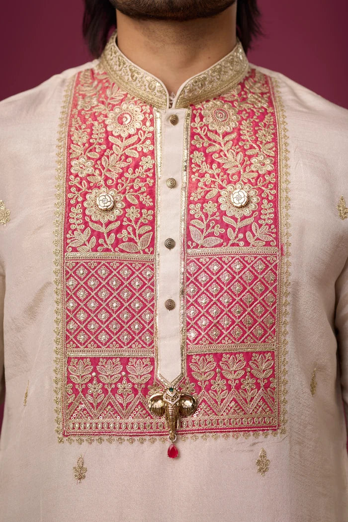 Off-White Rosé Heritage Kurta Set for Men – Full Length View | Mahavir NX