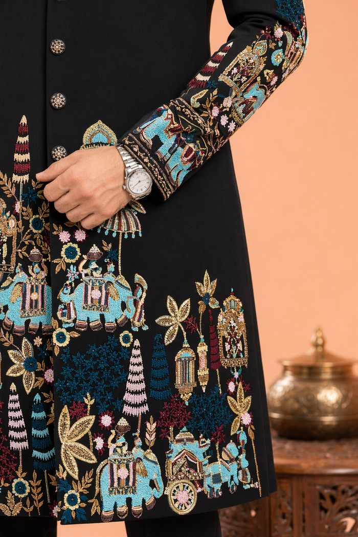 Designer Noir Indo Western Suit for Men – Full Length View | Mahavir NX
