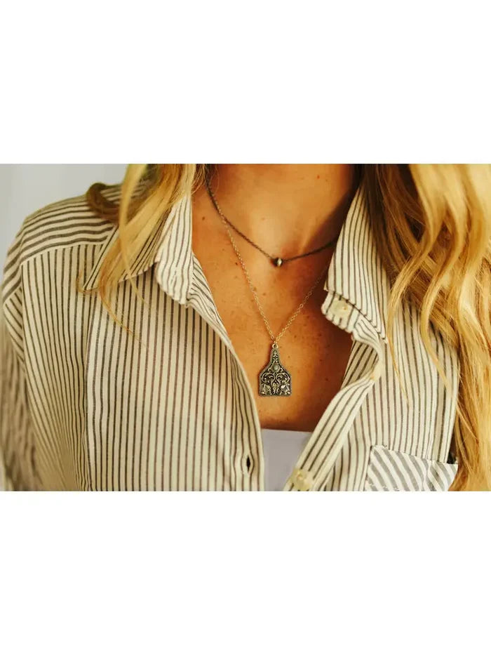 Silver Floral Filigree & Turquoise Stone Cattle Tag Necklace