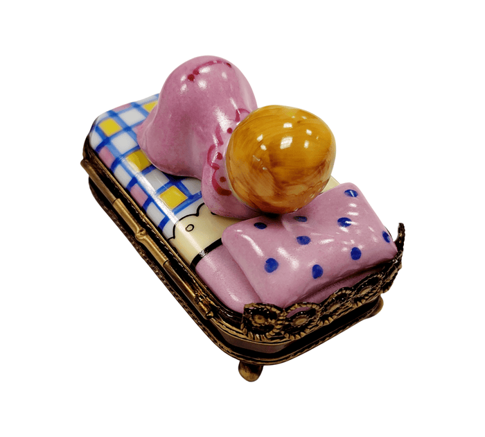 Sleeping Baby in Pink Bed Porcelain Limoges Babies Figurine French Trinket Box