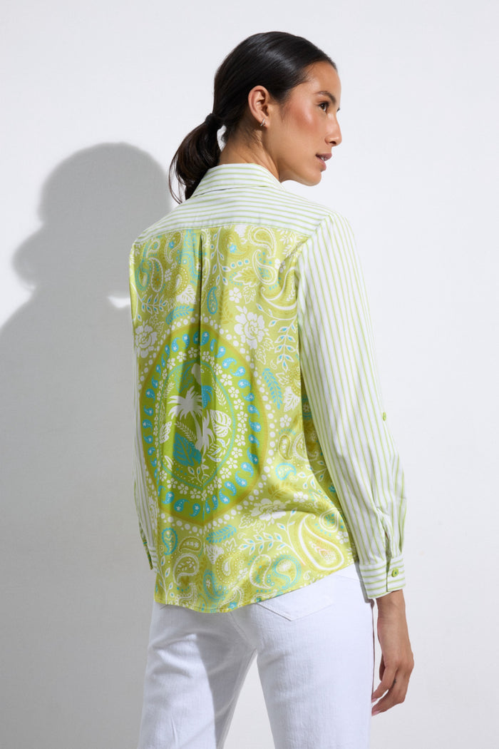 Model showcasing Tinta 39372107 Jane Lime Shirt with paisley and stripe pattern by tinta, shop tinta at Dotique