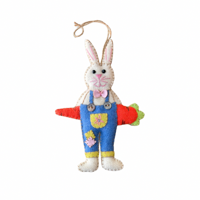 White Bunny with Overalls Felt Bauble