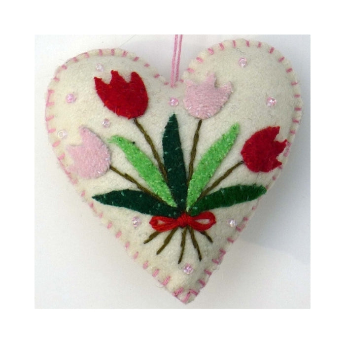 White Heart with Flowers Felt Bauble