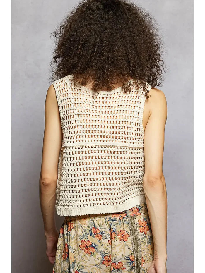 Women's V-Neck Floral Embroidered Crochet Vest in Natural/Brick