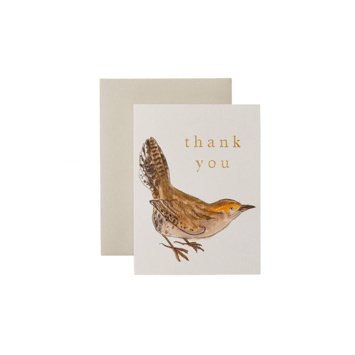 Greeting card with a bird illustration and 'thank you' text on a white background