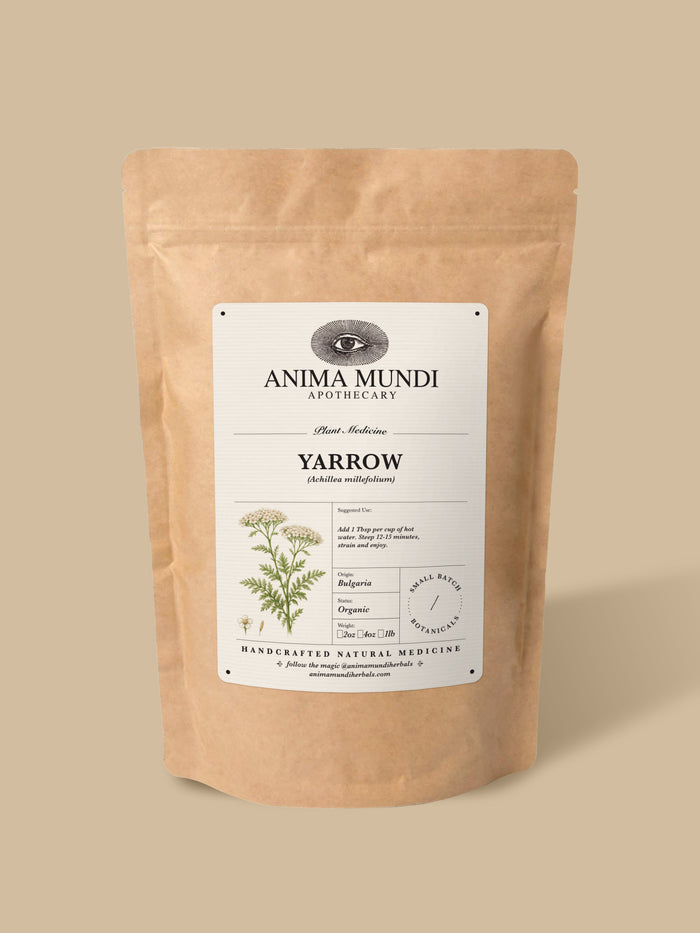 A kraft paper stand-up pouch of Anima Mundi Apothecary Chamomile herbal tea, shown on a solid beige background.