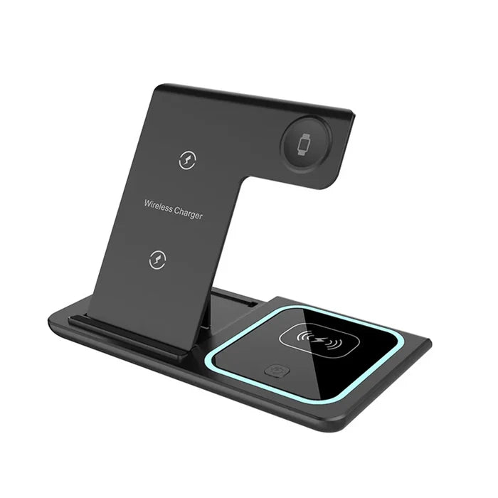 Wireless charging station with multiple device support for smartphones and smartwatches.