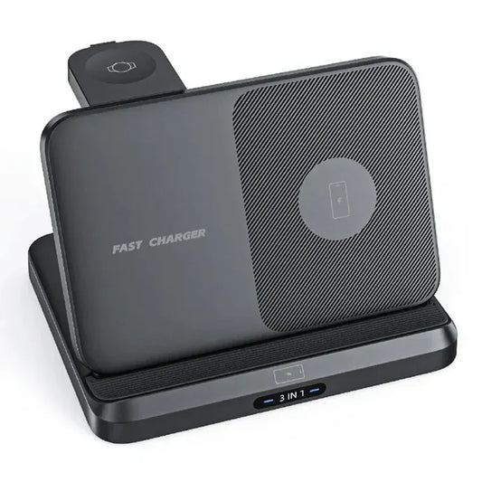 Fast charging wireless charging pad with multiple device support and a 3-in-1 design.