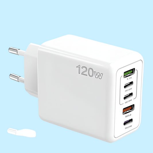 White 120W multi-port USB charger adapter with various charging ports.