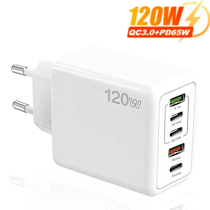 120W multi-port USB charger adapter with QC3.0 and PD65W capabilities.