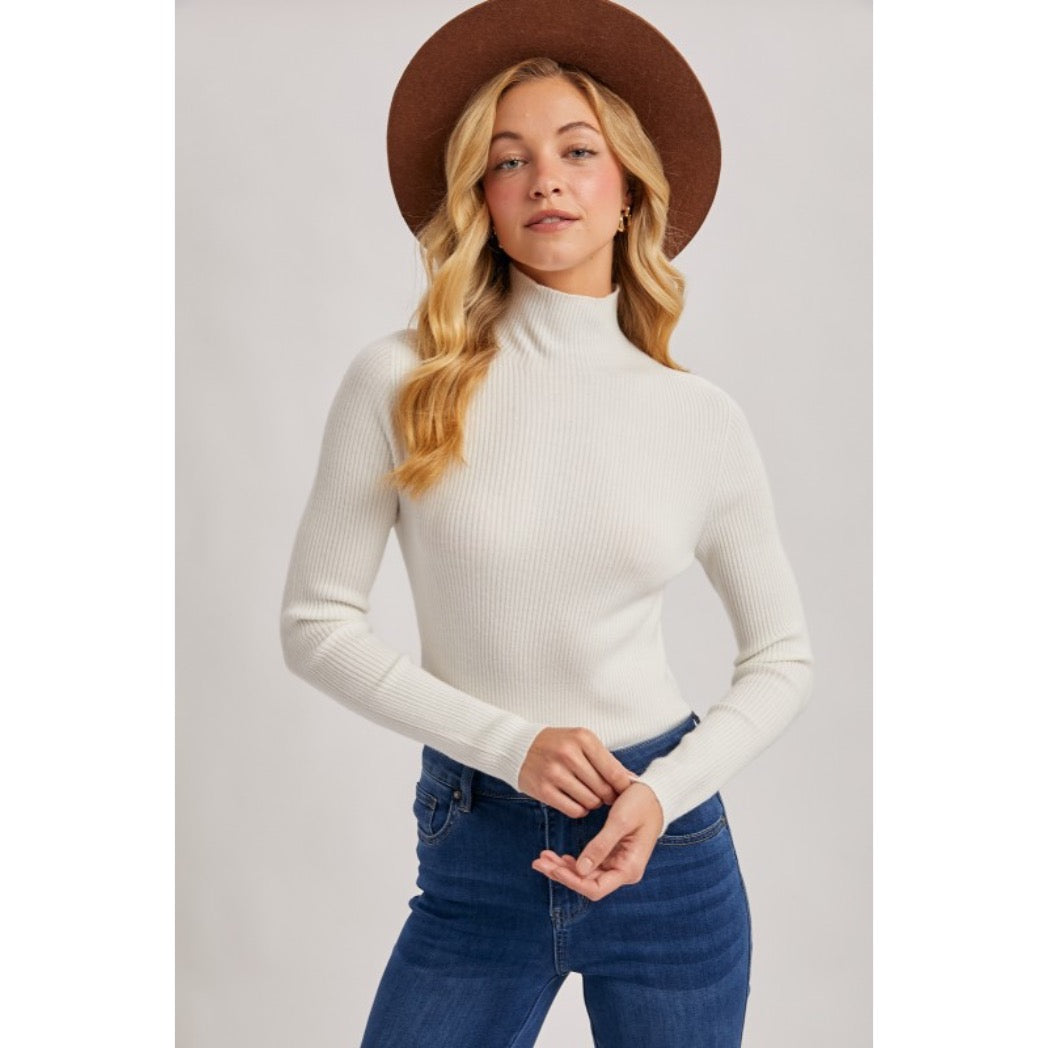 BLUIVY - MOCK NECK RIBBED KNIT TOP | IVORY