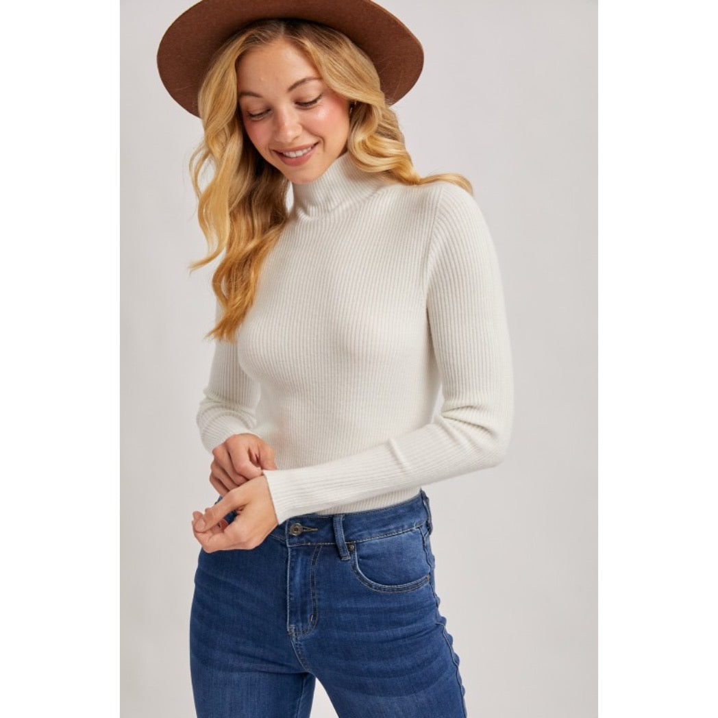 BLUIVY - MOCK NECK RIBBED KNIT TOP | IVORY