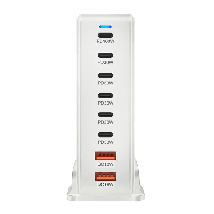 Multi-port USB charging station with various power delivery and quick charge options.