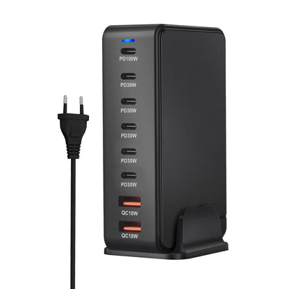 Multi-port USB charging station with various power outputs and a power cord.