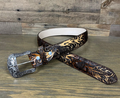 Tanner Mark Men's Hand Tooled Jungle Foliage Orix Leather Belt