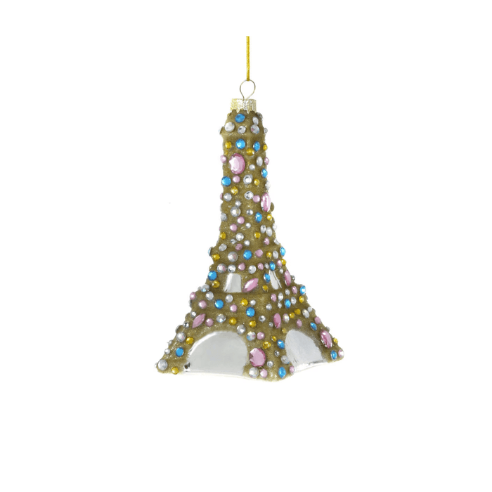 Adorned Eiffel Tower Ornament crafted in jeweled glass, designed for holiday decor with vibrant jewel accents.