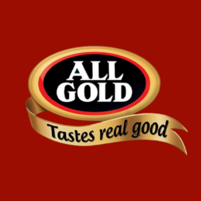 Oval ALL GOLD logo in black and gold with a gold ribbon reading Tastes real good on a red background.