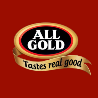 Oval ALL GOLD logo in black and gold with a gold ribbon reading Tastes real good on a red background.