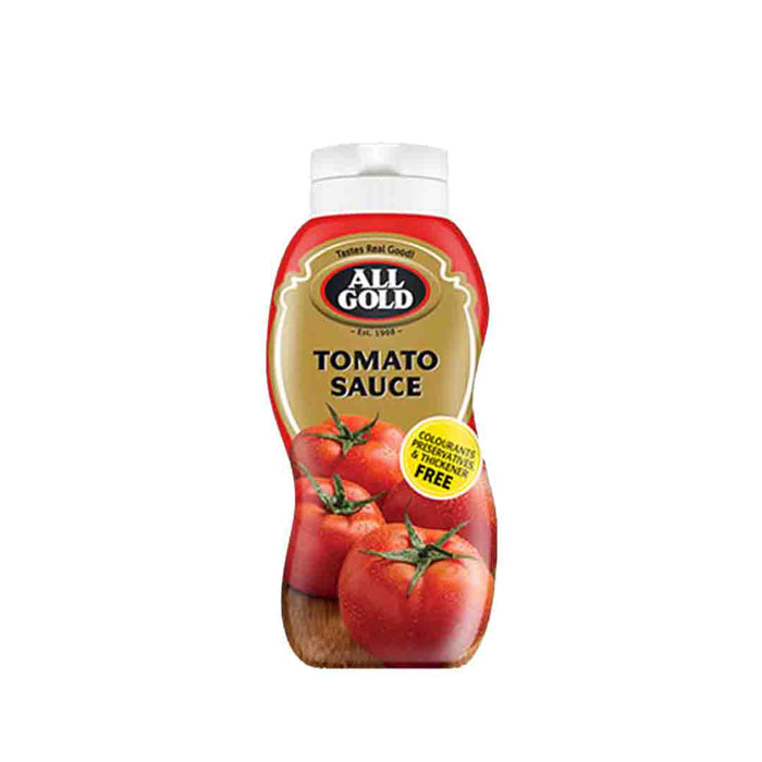 One red plastic squeeze bottle of All Gold Tomato Sauce with a white cap and a label featuring three tomatoes.