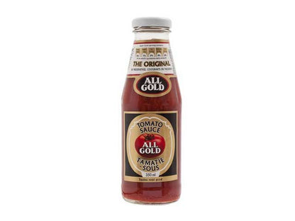 One glass bottle of All Gold Tomato Sauce 350 ml with a white metal cap and a red tomato illustration on the label.