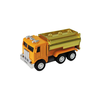 The Alloy Alley Large Die Cast P/B Metallic Truck by Alloy Alley features a pull-back design, orange cab, gold tank, six black wheels, and silver details. It’s photographed isolated on a white background.