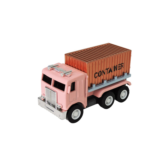 The Alloy Alley Large Die Cast P/B Metallic Truck by Alloy Alley is a pink pull-back truck with six black wheels and a brown CONTAINER-labeled shipping container, shown isolated on a white background.