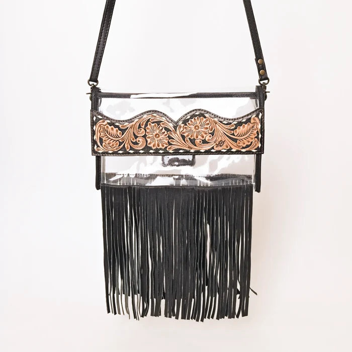 American Darling Fringe & Floral Hand Tooled Leather Clear Crossbody Bag