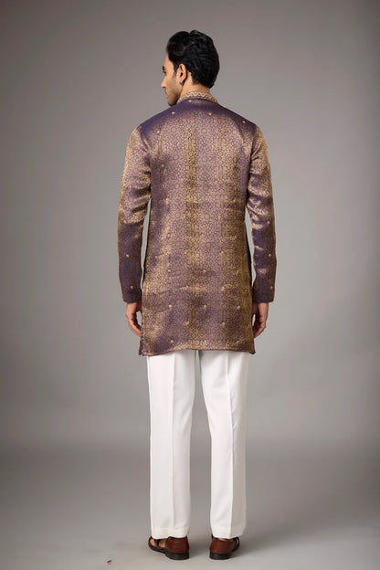 Antique Purple Brocade Kurta Pajama Set – Front View | Mahavir NX