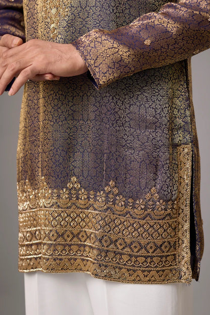 Antique Purple Regal Brocade Kurta Set for Men – Full Length View | Mahavir NX