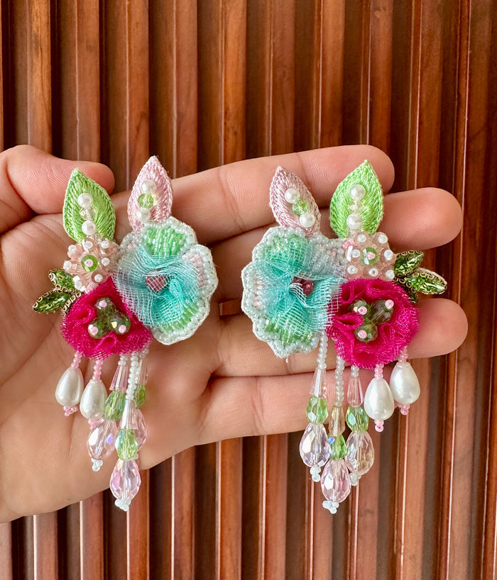 Aqua & Magenta Handmade Floral Beaded Drop Earrings