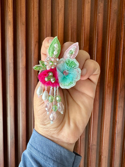 Aqua & Magenta Handmade Floral Beaded Drop Earrings