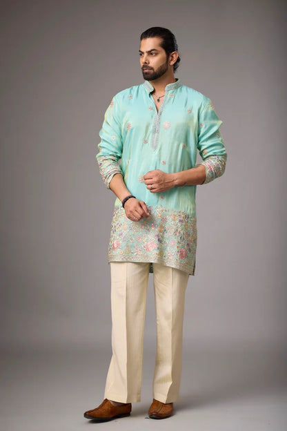 Aqua Heritage Floral Embroidered Kurta – Wedding & Festive Wear | Mahavir NX